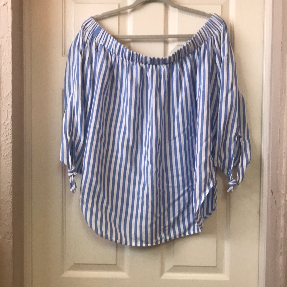 NWT Preppy blue striped off the shoulder blouse.
